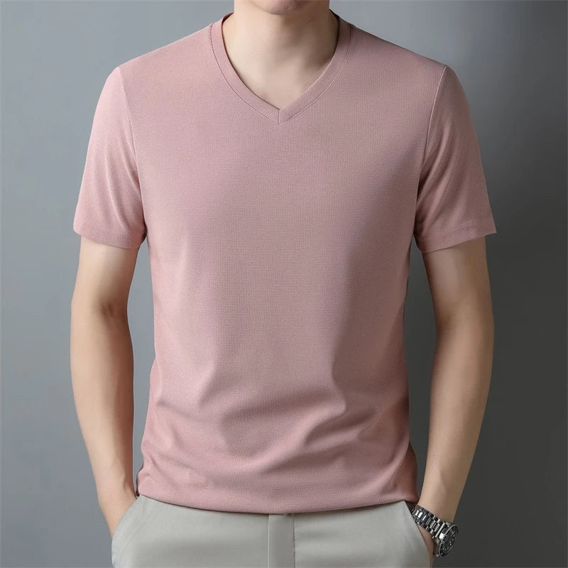 2024 Men's New Waffle V Neck Short Sleeved T-shirt Summer