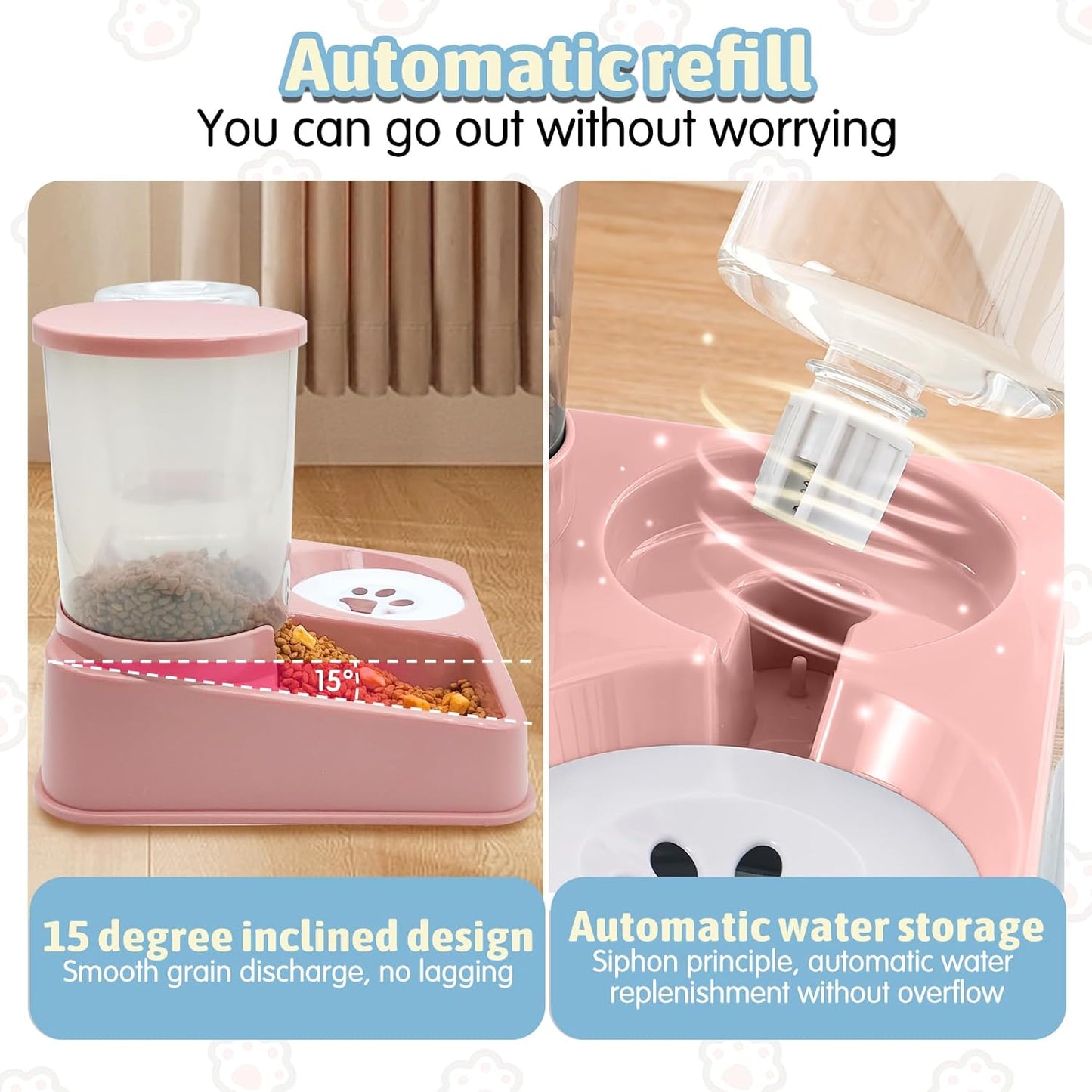 Automatic Cat Feeder Water Dispenser Set, 2 In 1 Tilted Automatic Pet Food