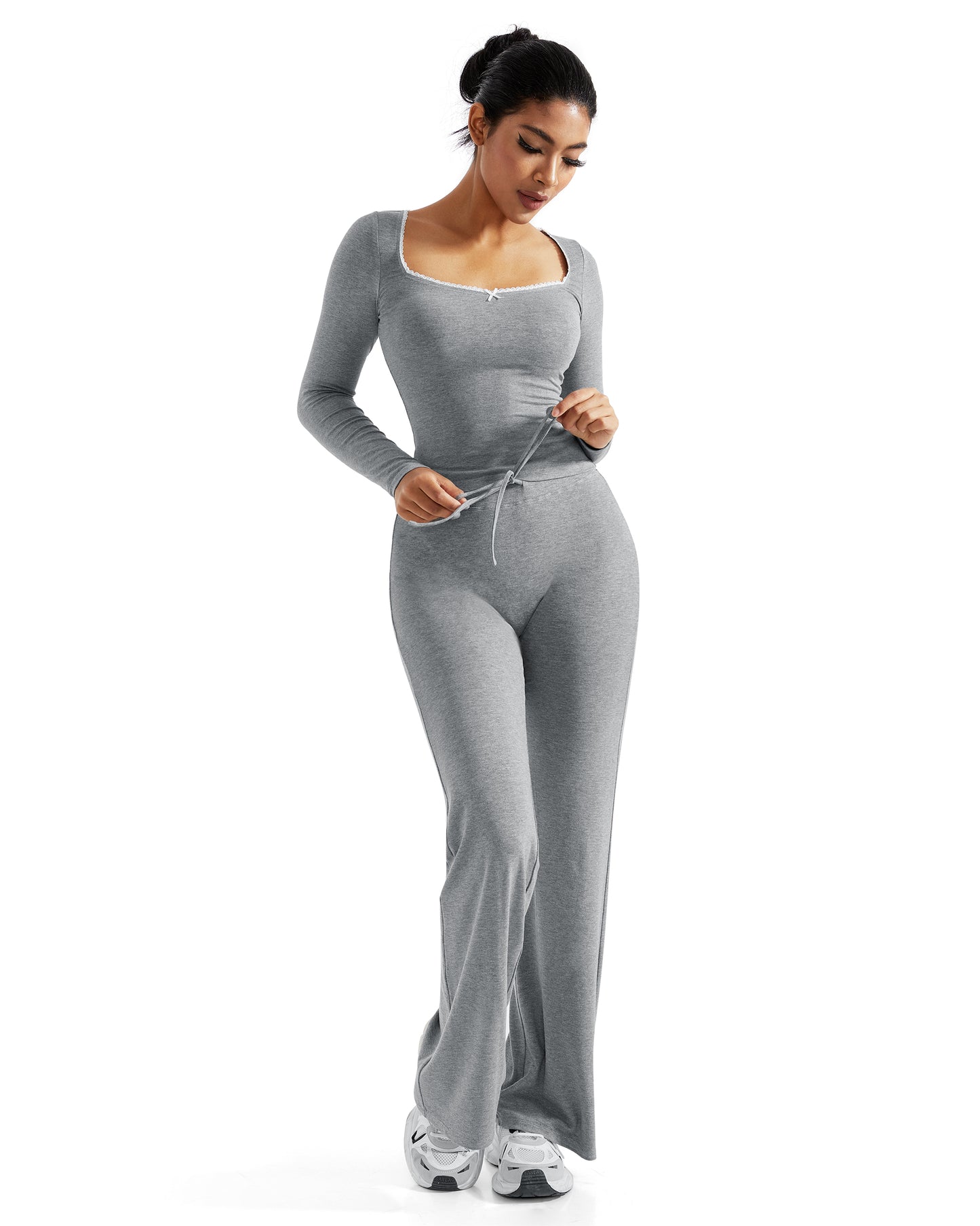 Women Casual Suits 2 Pcs Set Soft Wide Leg Pants Outfit Yoga Suits