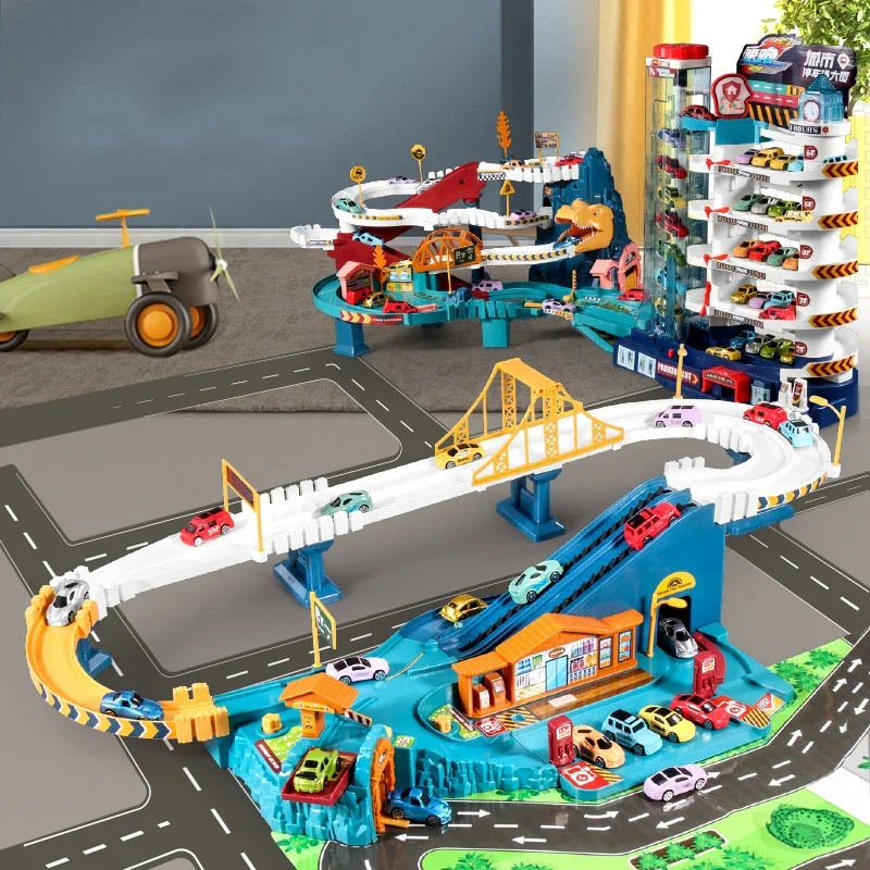 Electric Rail Car Dinosaur Building Parking Lot Adventure