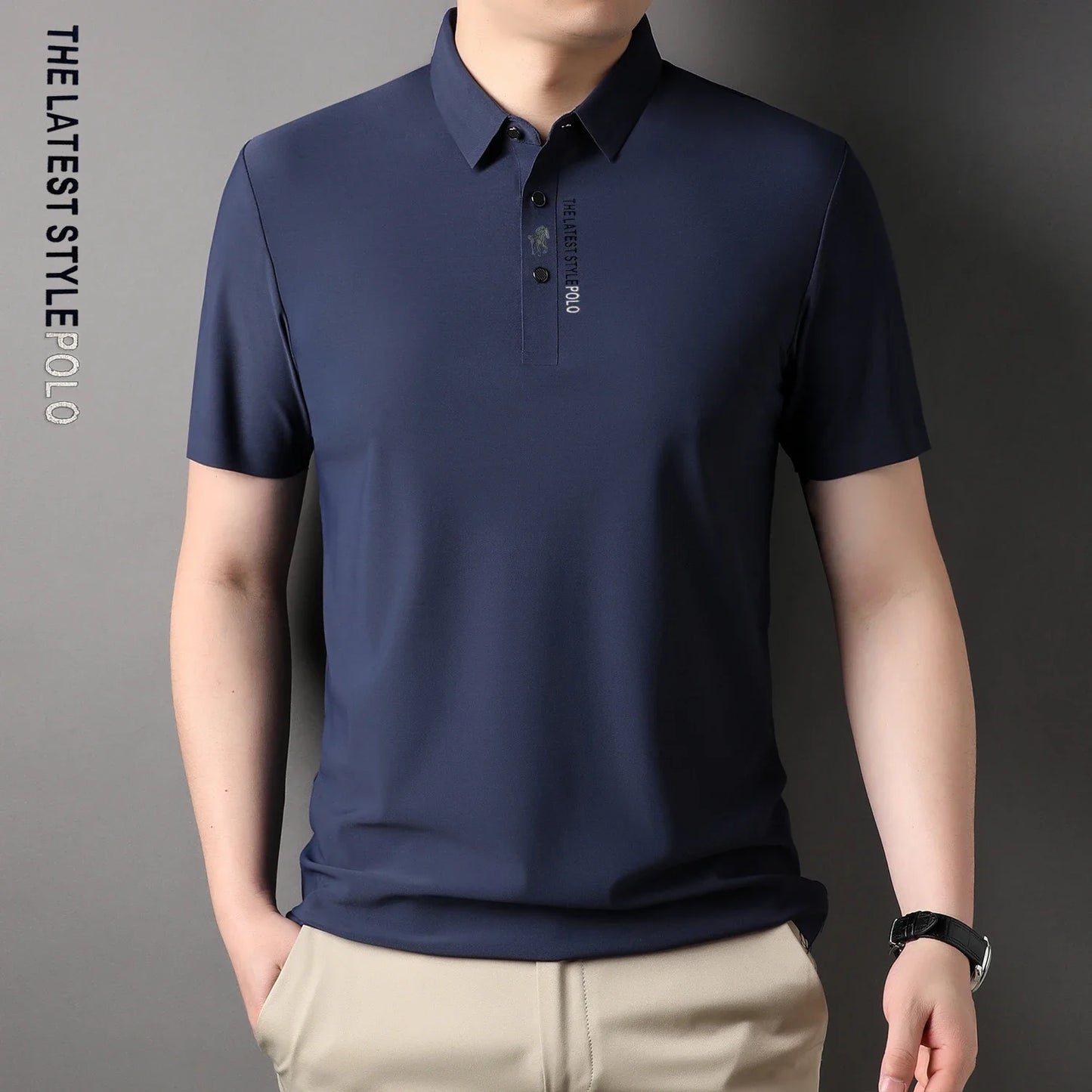 Ice Silk Embroidery Polo Shirt 2024 New Summer Lapel Elasticity T-shirt