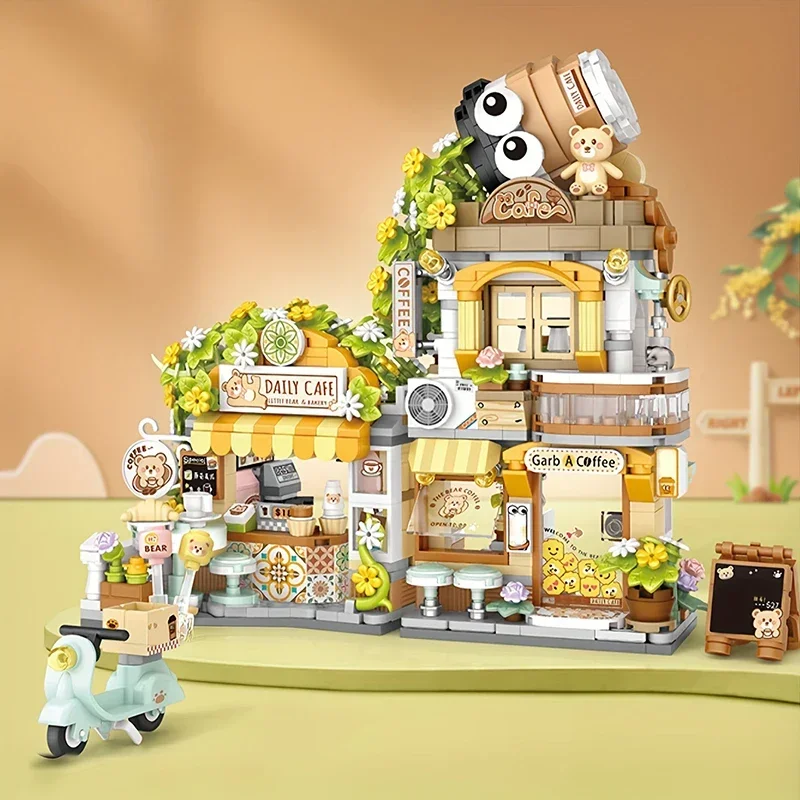 City Street View Building Blocks Cute Bear Folding Café Model