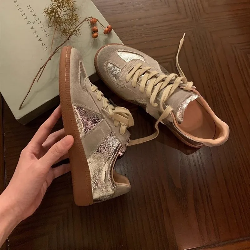 Women Casual Leather Sneakers Silver Lace-Up