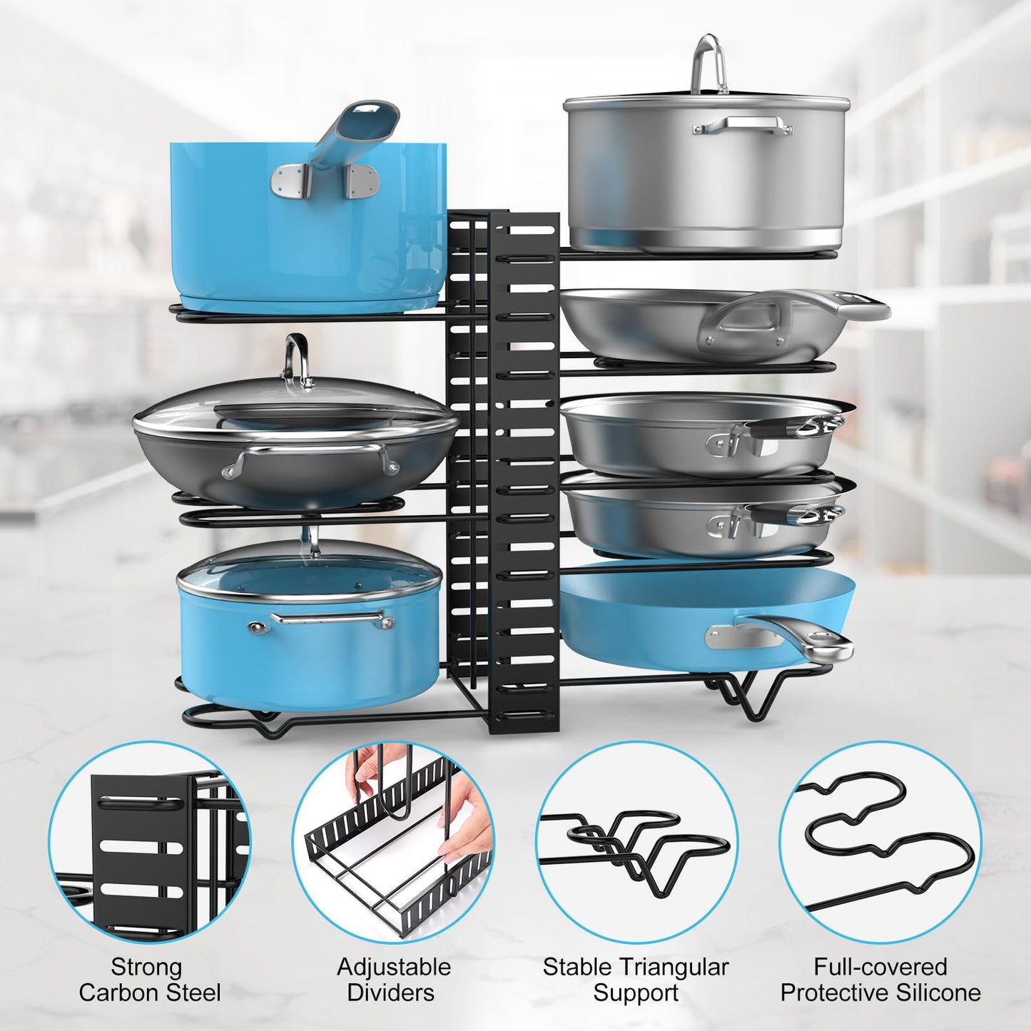 Pot Rack Organizer Under Cabinet,8 Tier Adjustable Pot Organizer
