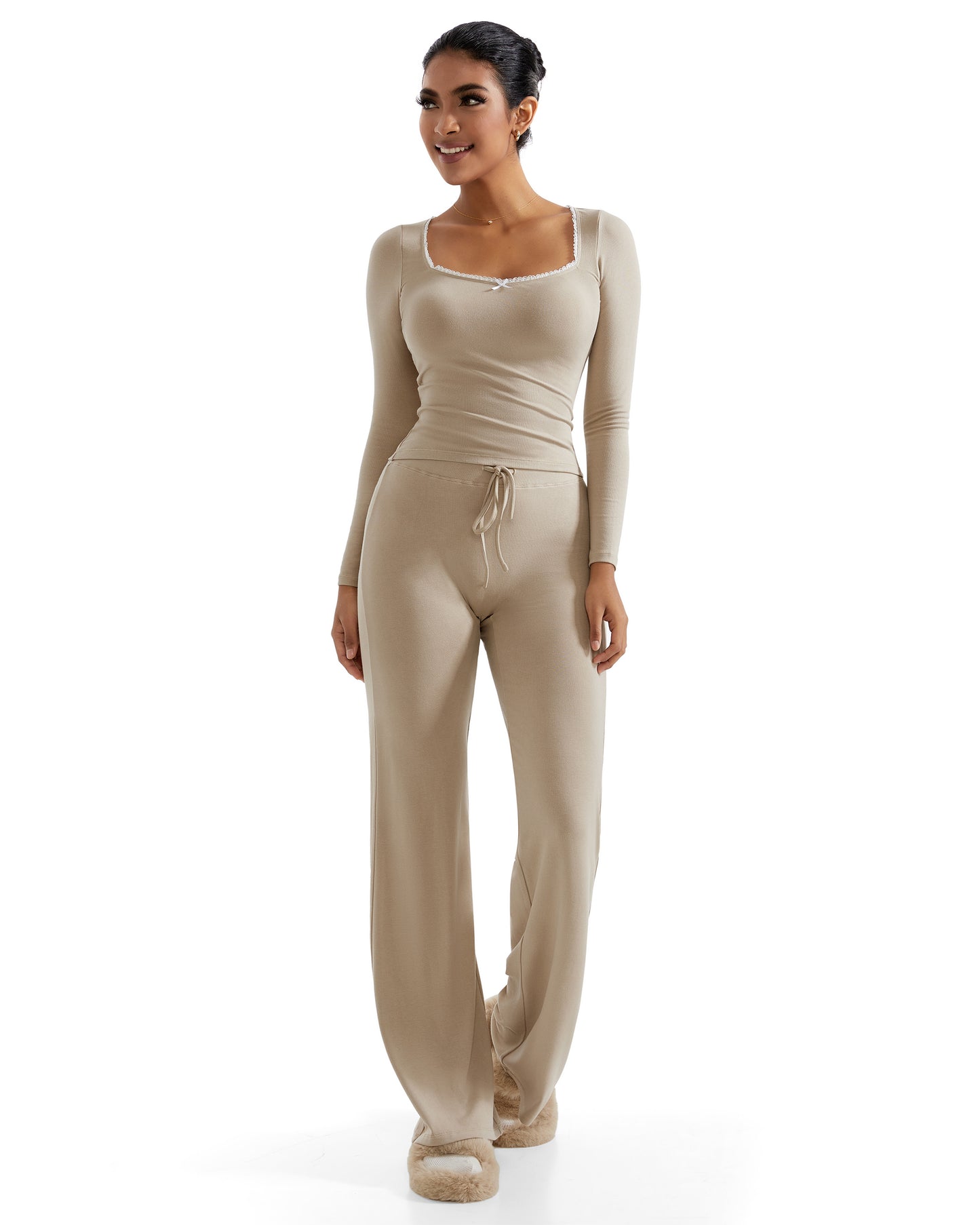 Women Casual Suits 2 Pcs Set Soft Wide Leg Pants Outfit Yoga Suits