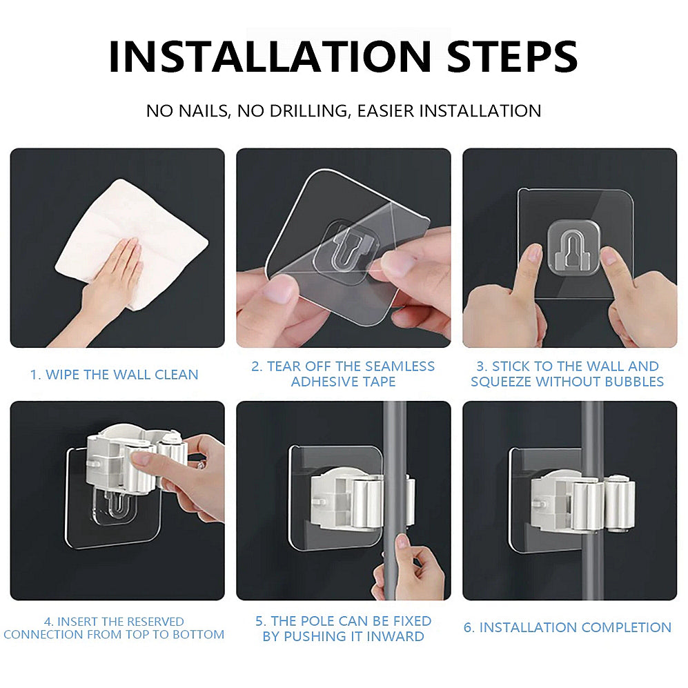 Multi-Purpose Hooks Adhesive Wall Hanging Mop Rack