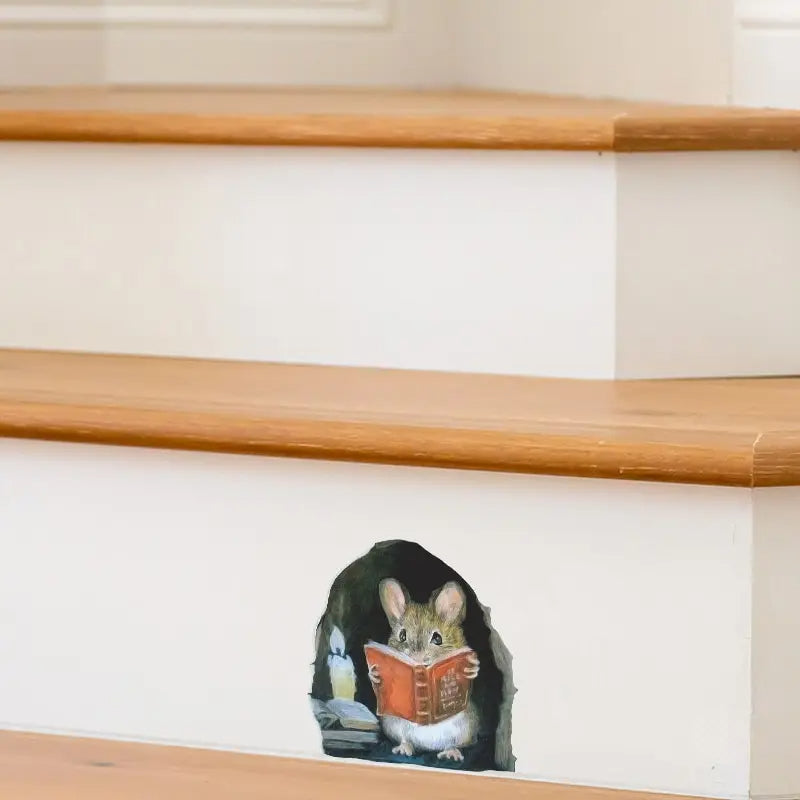 3PC Realistic Reading Mouse Hole Stickers for Corner Stairs