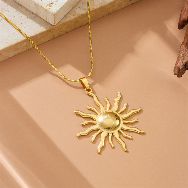 Stainless Steel Golden Fashion Sun Pendant Necklace