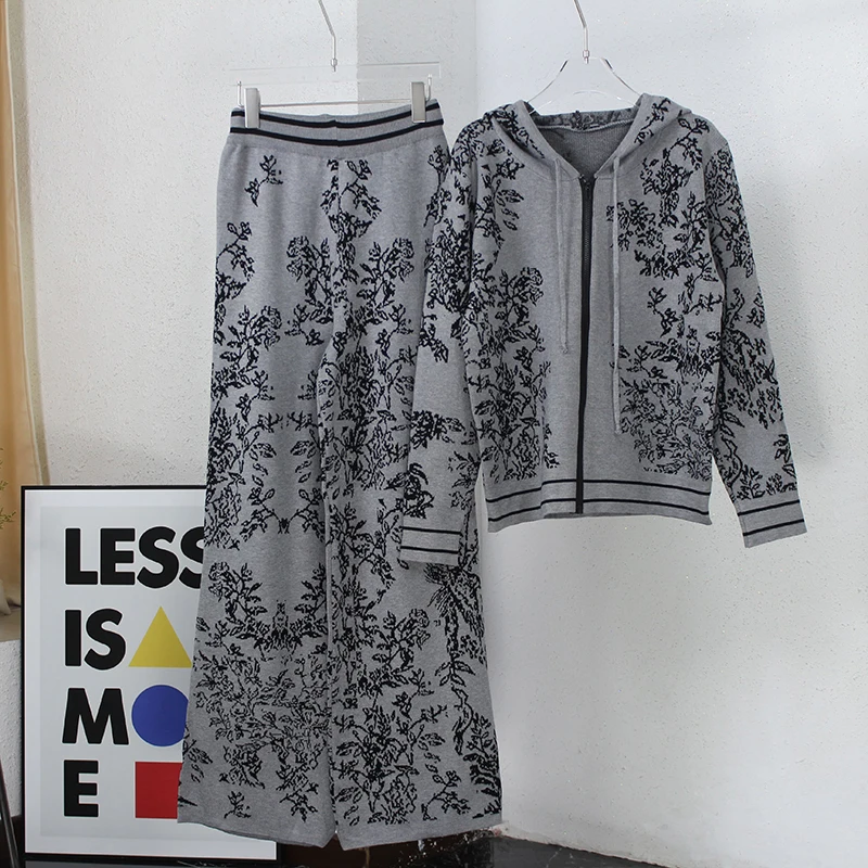2 Piece Ink Floral Winter Knit Pants Set Women