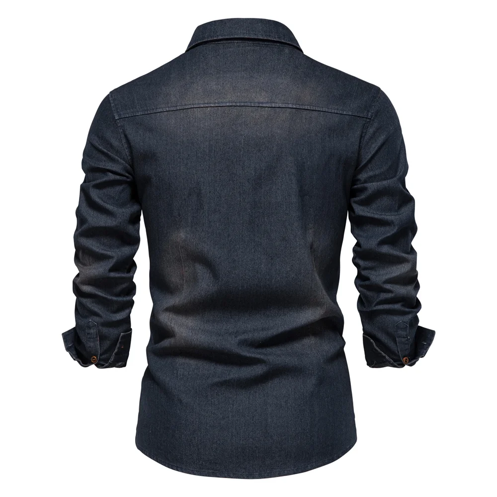Elastic Cotton Denim Shirt Men Long Sleeve