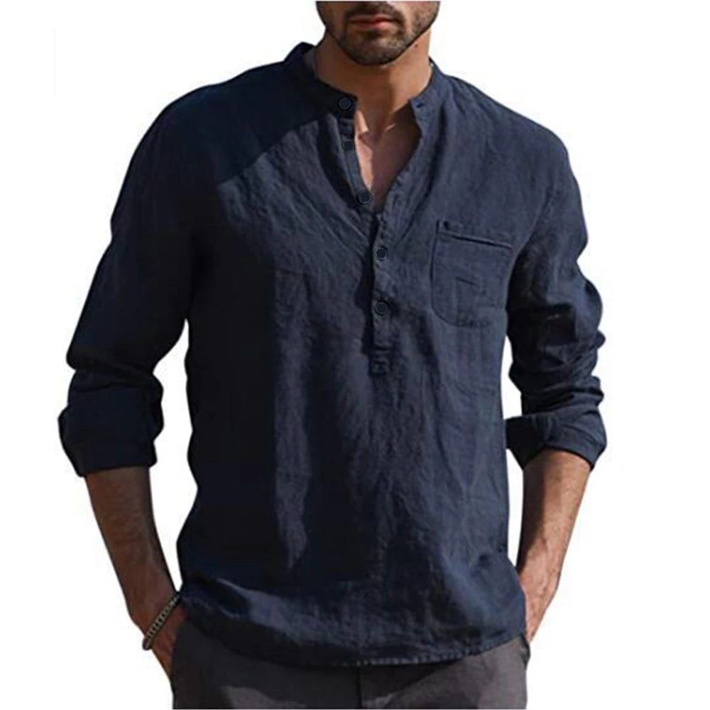 Cotton Linen Hot Sale Men's Long-Sleeved Shirts Summer Solid