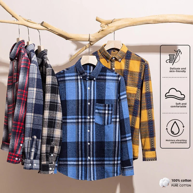 Thickened Pure Cotton Flannel Plaid Shirt Men's Long Sleeve Casual