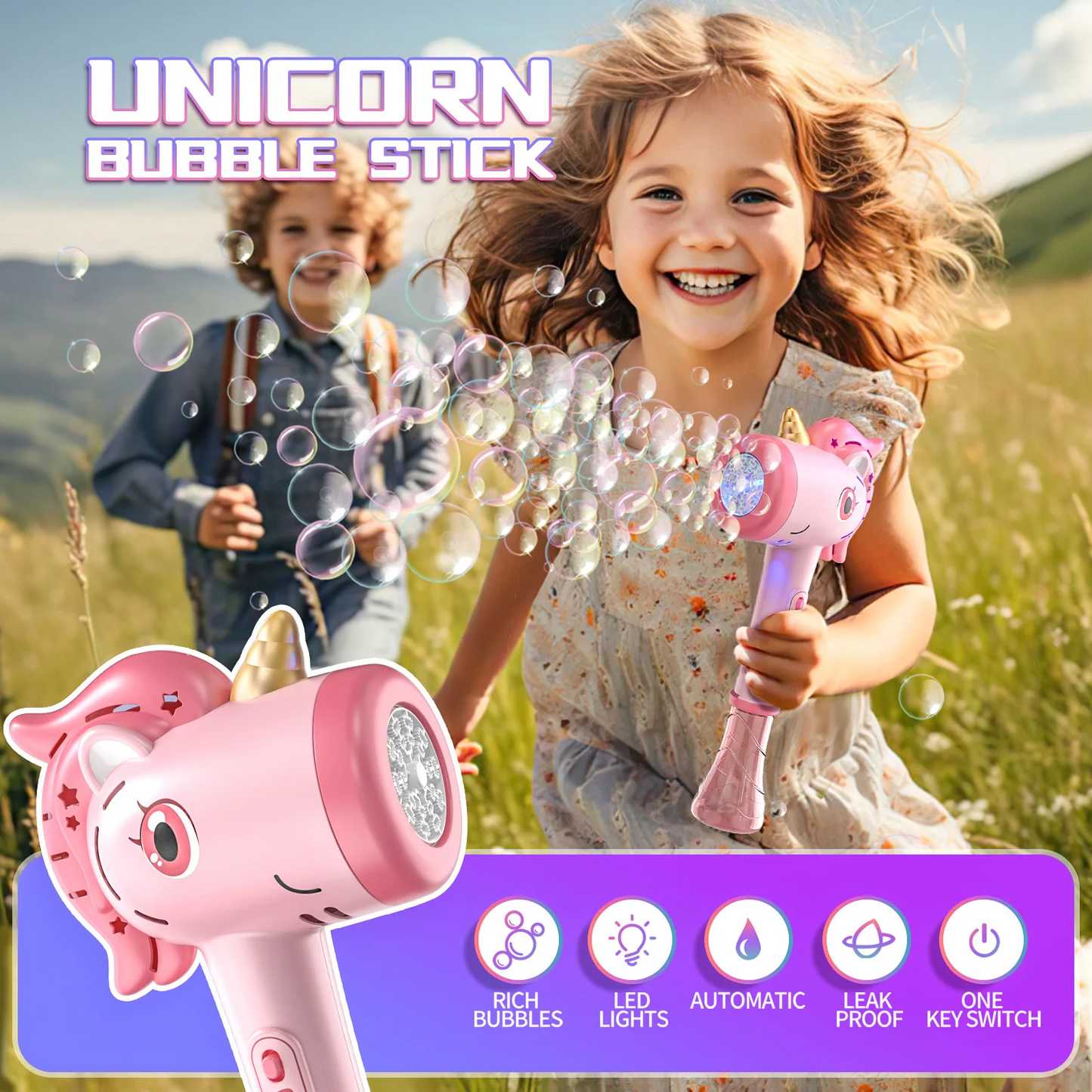 Unicorn electric bubble gun, toy bubble machine