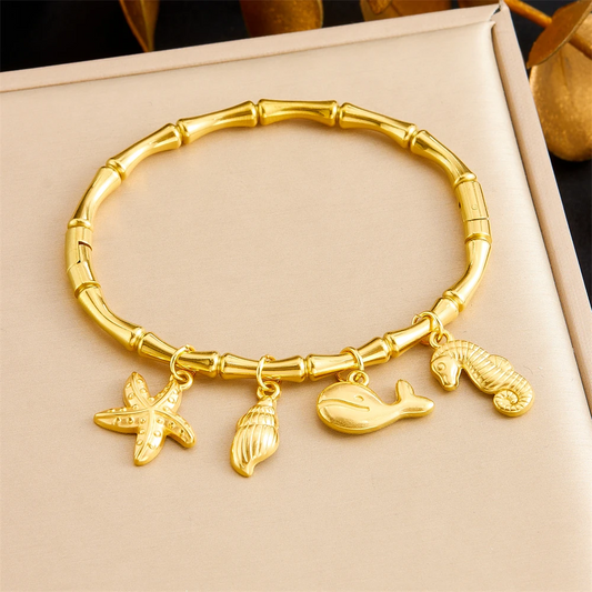 Stainless Steel Dolphin Shell Conch Pendant Bamboo Bangle For Women