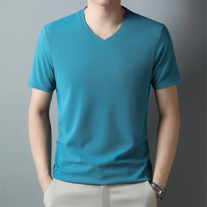 2024 Men's New Waffle V Neck Short Sleeved T-shirt Summer