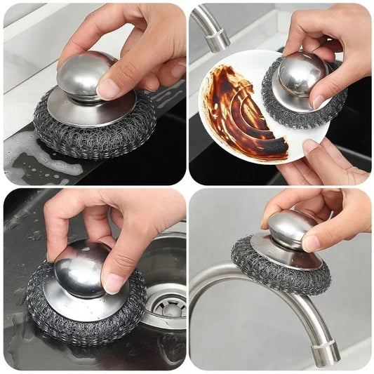 Kitchen Stainless Steel Pot Brush with Handles Dishwashing Wire Ball