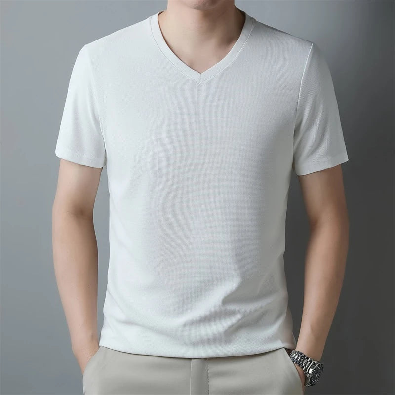 2024 Men's New Waffle V Neck Short Sleeved T-shirt Summer
