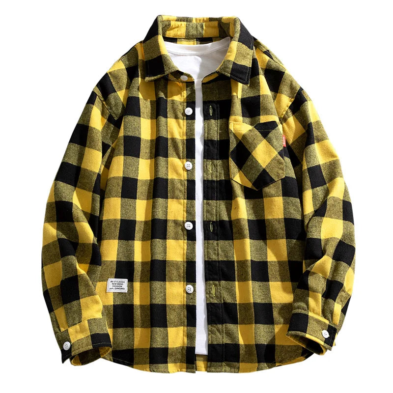 Slim Fit Plaid Shirt Thin Long Sleeve Spring Autumn Fashion Japanese Style