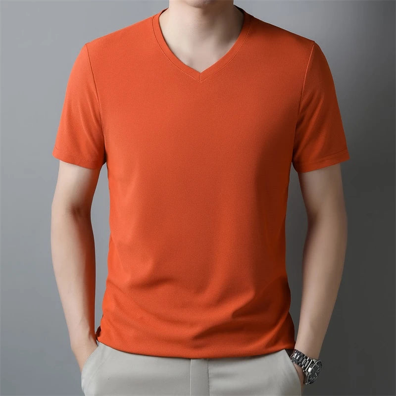 2024 Men's New Waffle V Neck Short Sleeved T-shirt Summer