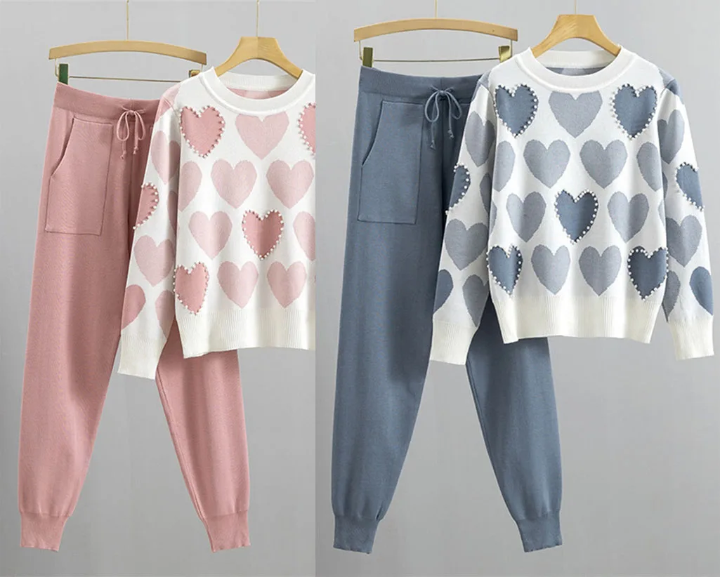 Casual Print Knit Sweater 2 Pieces Sets