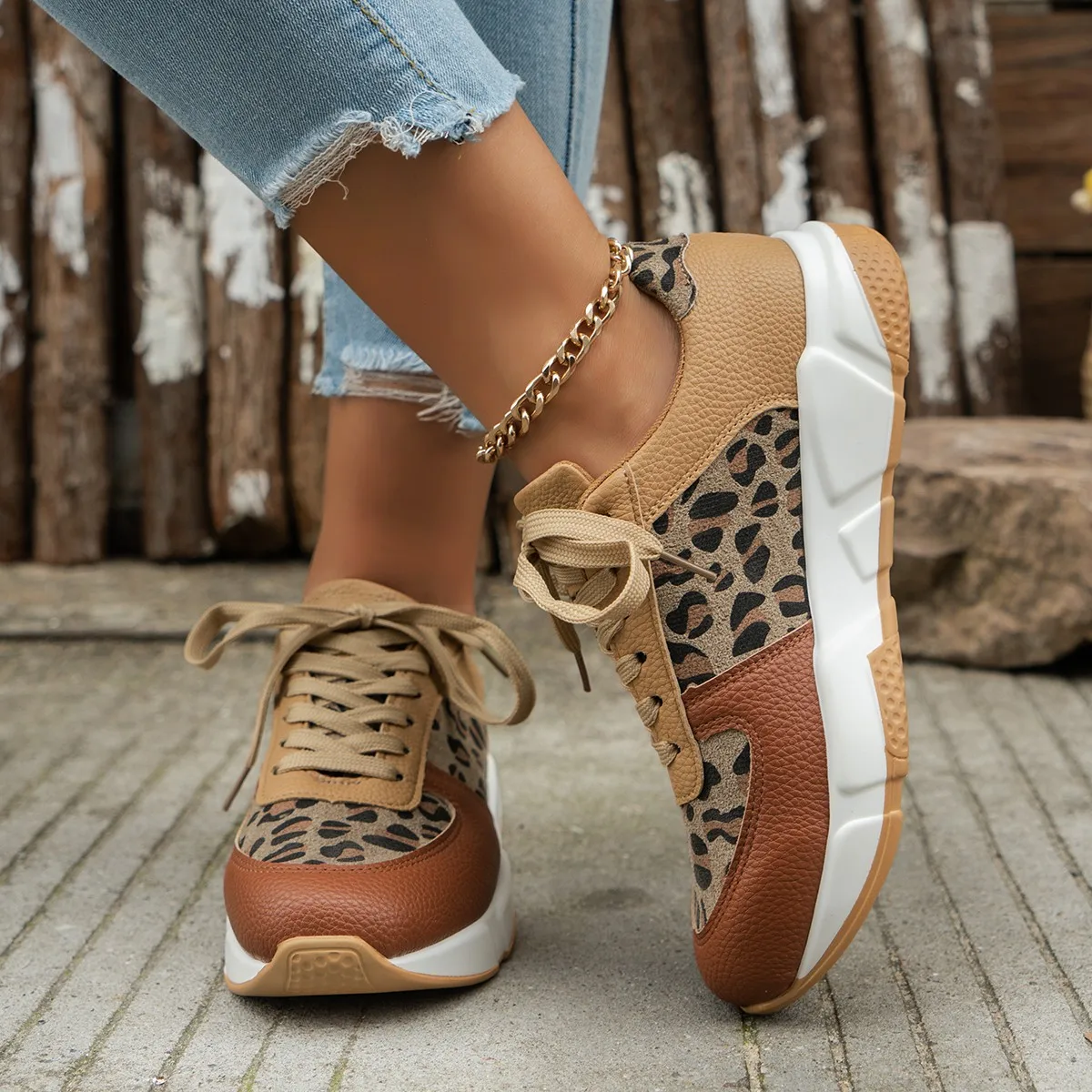 Platform Sneakers Women 2024 Round Toe Low-top Leopard