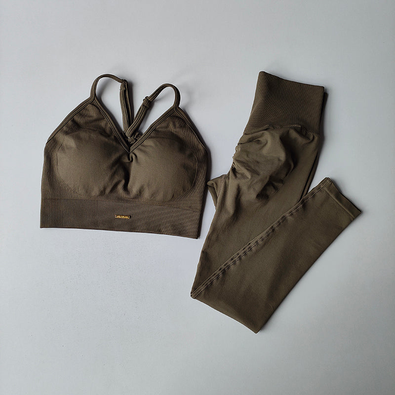 Seamless Hip Lifting Fitness Set Women's V-neck Bra Leggings Yoga Set