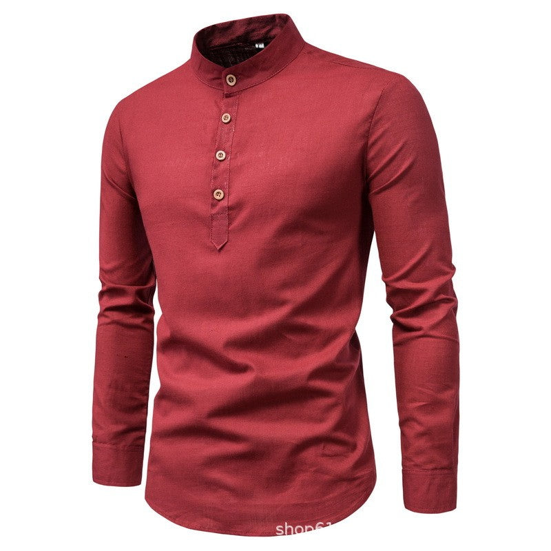 Men's solid color casual slim fitting standing collar long sleeved business shirt