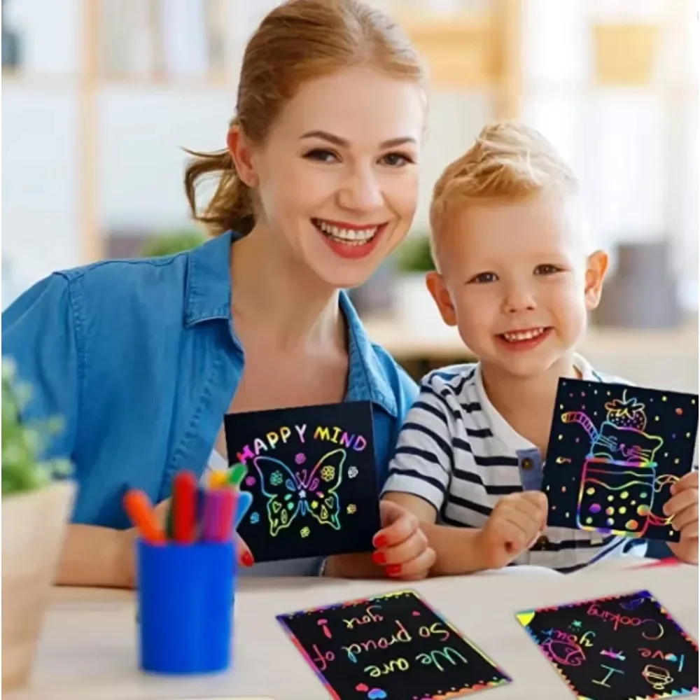 100Pcs Magic Color Rainbow Scratch DIY Toys Mini Notes Paper Pad Cards