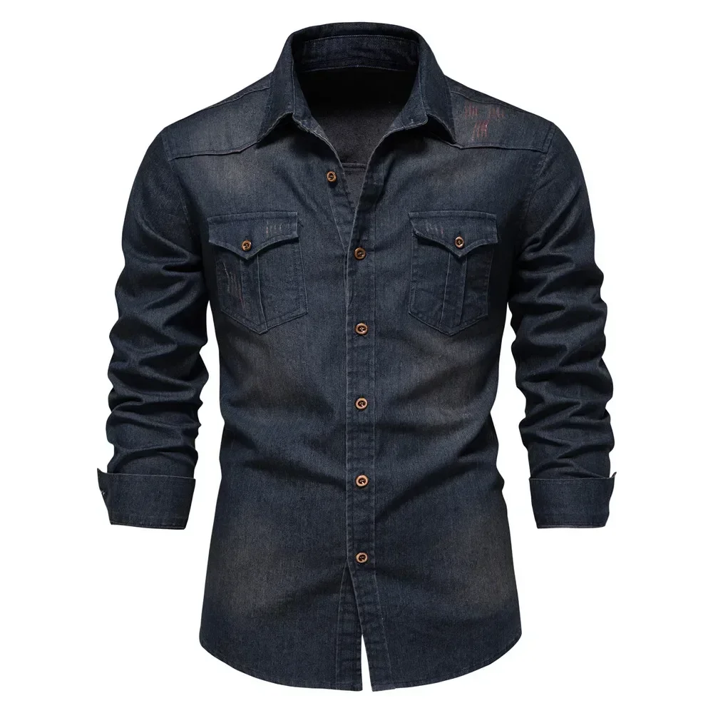 Elastic Cotton Denim Shirt Men Long Sleeve