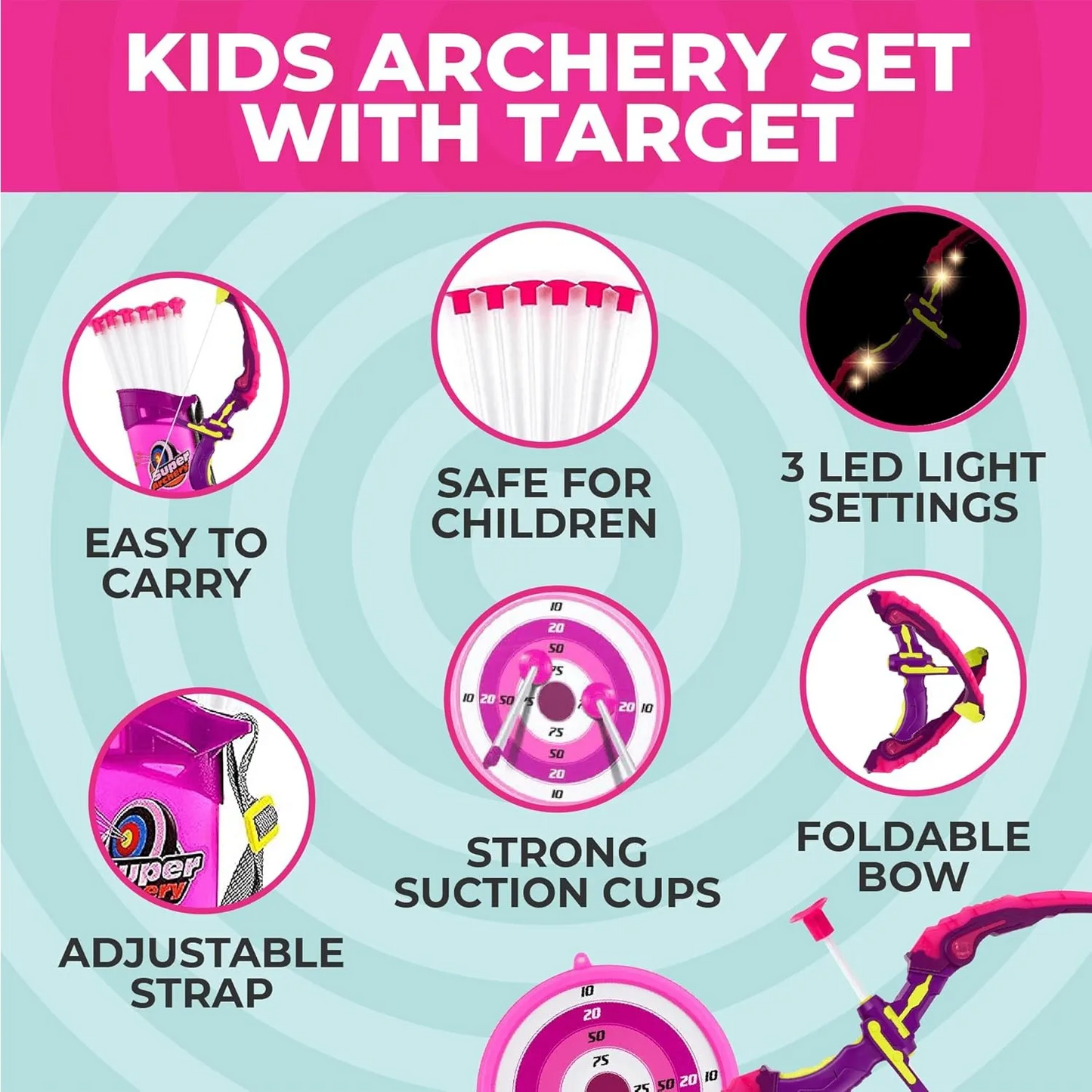 Kids Shooting Set Bow and Arrow Set with Flashing Pink LED Lights