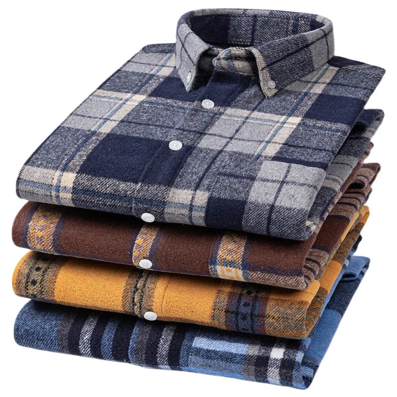 Thickened Pure Cotton Flannel Plaid Shirt Men's Long Sleeve Casual