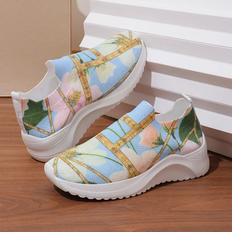 Flower Print Breathable Knitted Sneakers Women