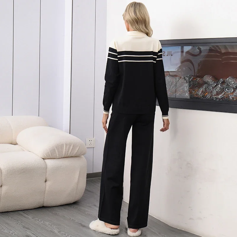 Women Fall Set Striped Polo Neck Two-piece