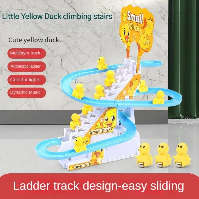 Children's ducklings climb stairs, cute ducks climb stairs,