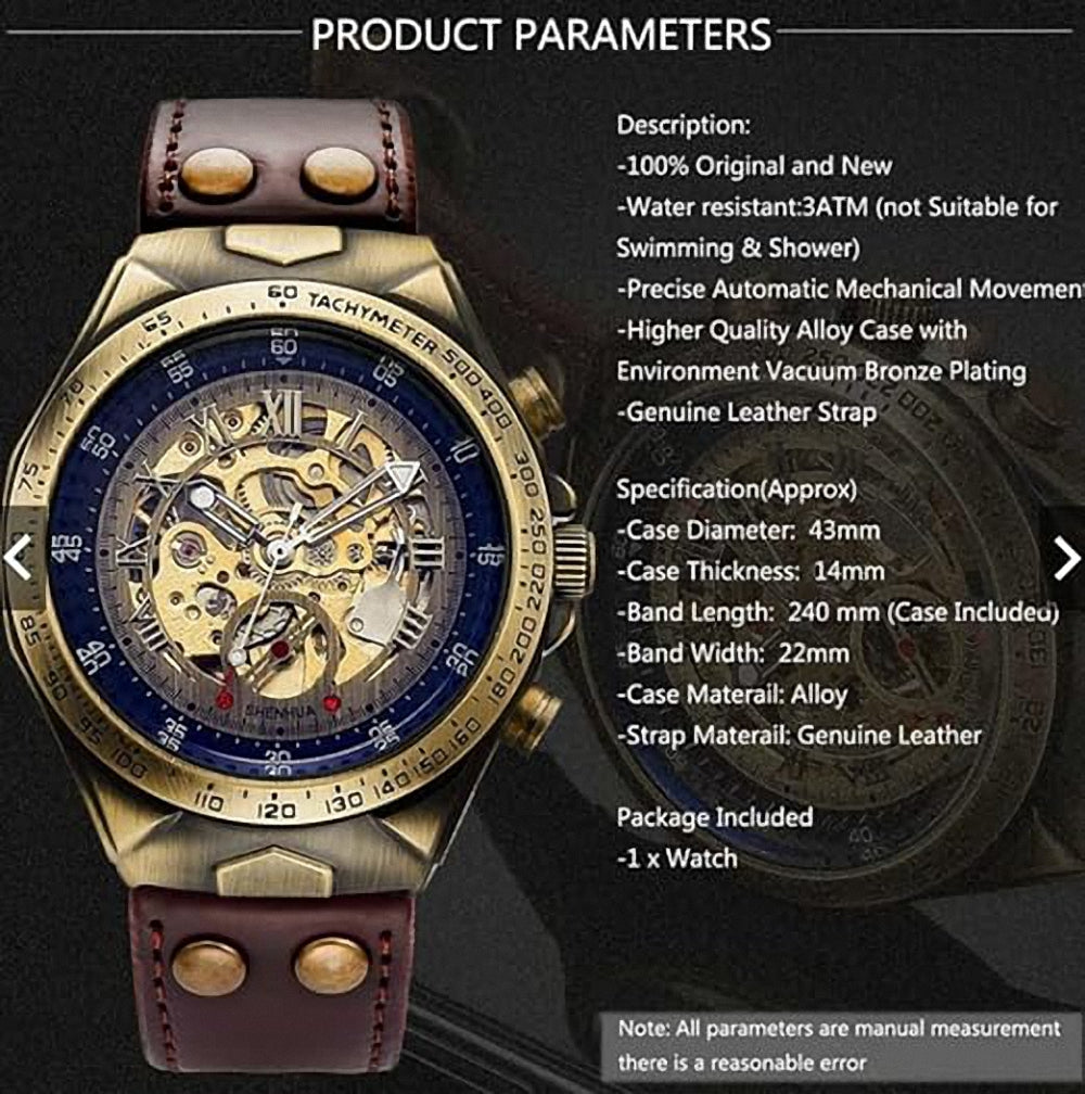 Bronze Retro Skeleton Automatic Mechanical Watch for Men