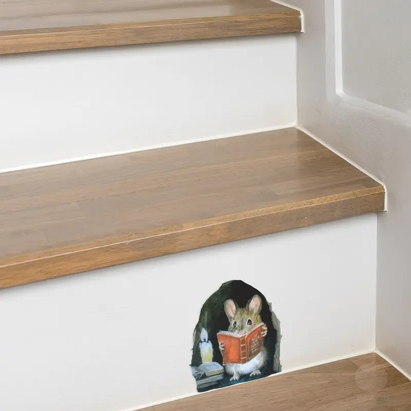 3PC Realistic Reading Mouse Hole Stickers for Corner Stairs