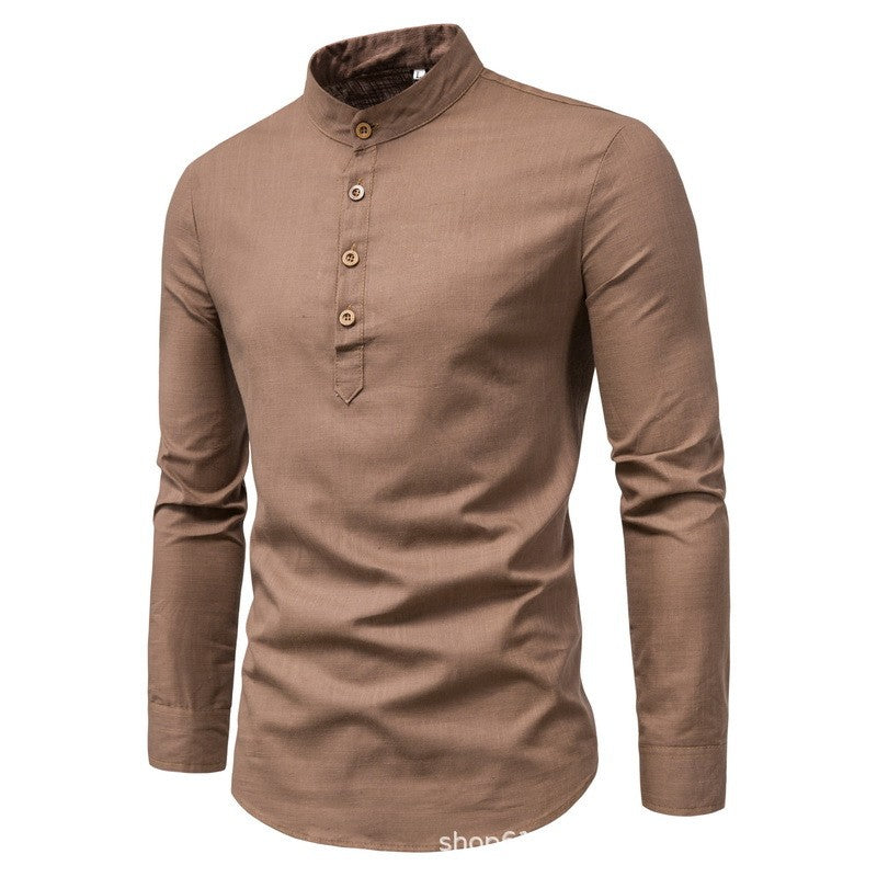 Men's solid color casual slim fitting standing collar long sleeved business shirt