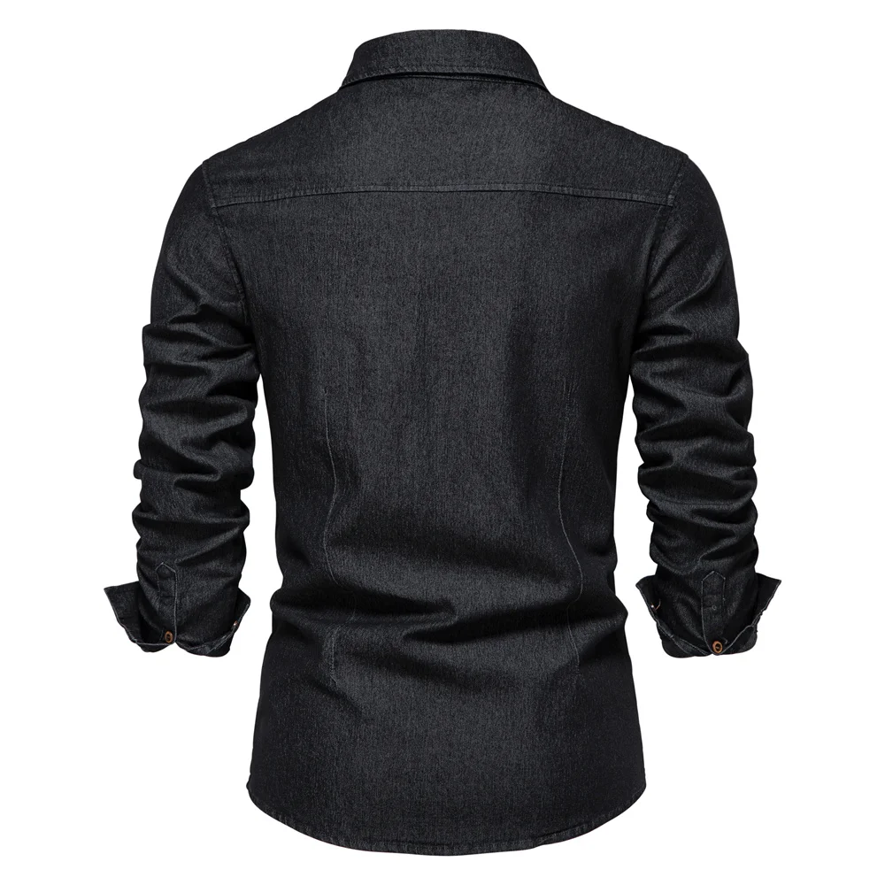 Elastic Cotton Denim Shirt Men Long Sleeve