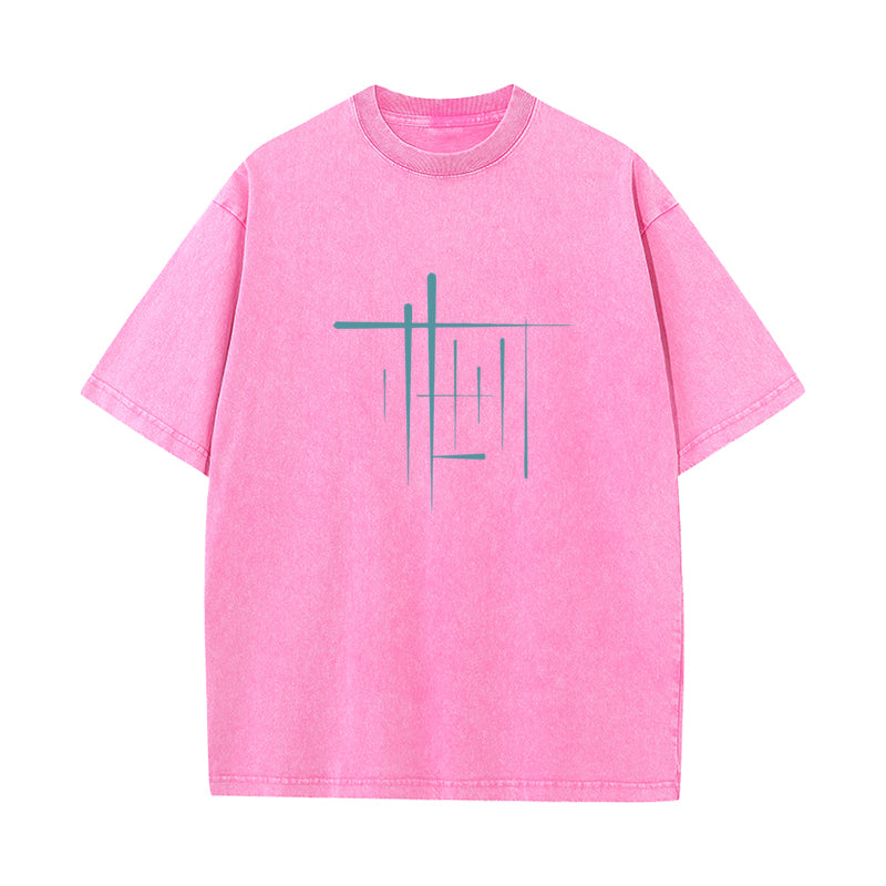 Geometric Abstract Building Round Collar Washed T Shirt