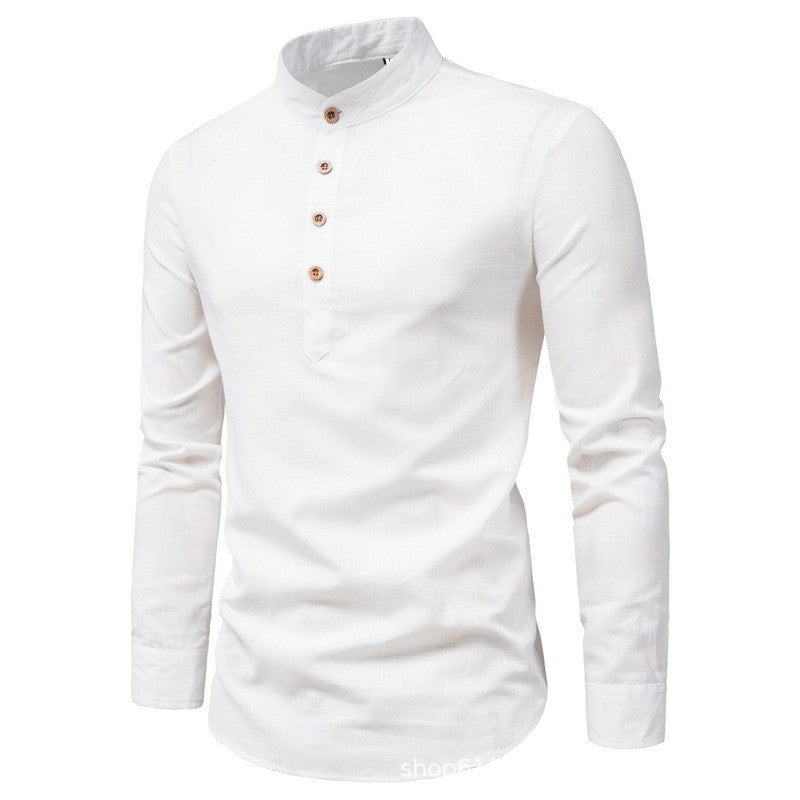 Men's solid color casual slim fitting standing collar long sleeved business shirt