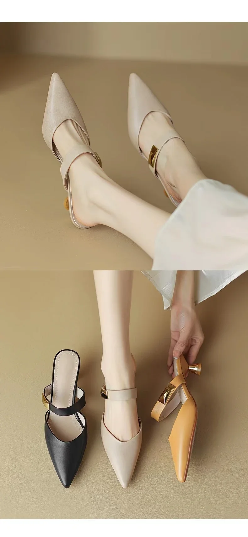 Size 35-42 Women Kitten Heels Mules Golden Rivet Pointed Toe