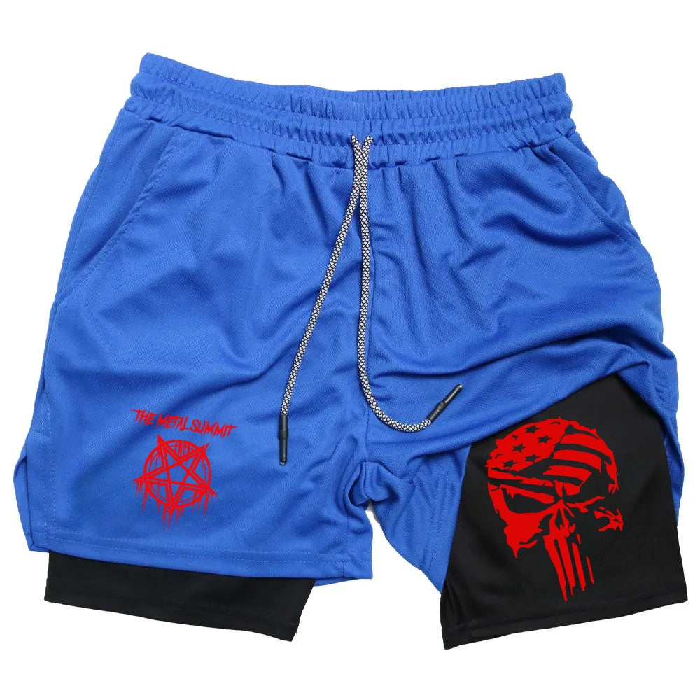 Men Anime Double Layer Shorts Gym Workout Printed Sports