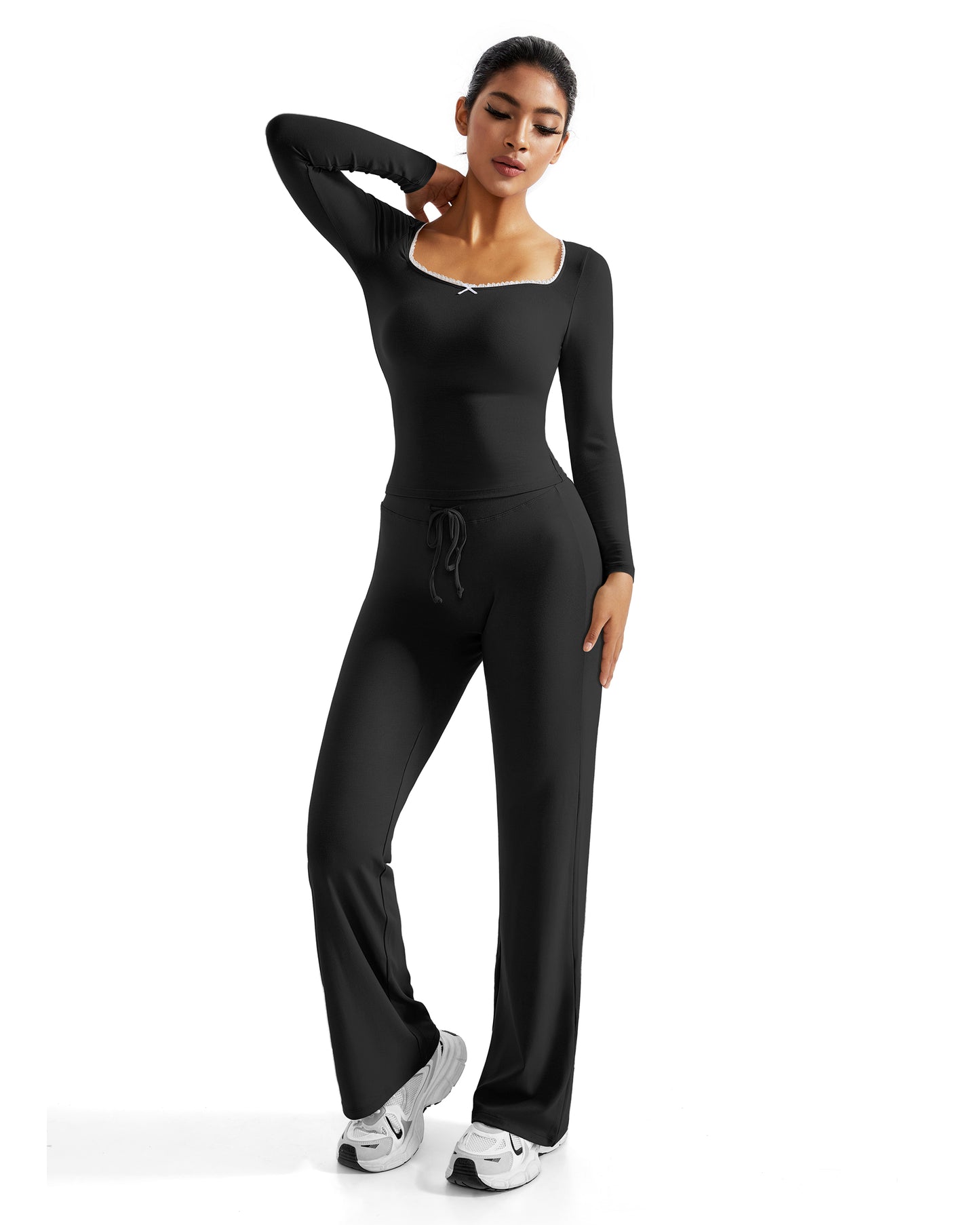 Women Casual Suits 2 Pcs Set Soft Wide Leg Pants Outfit Yoga Suits