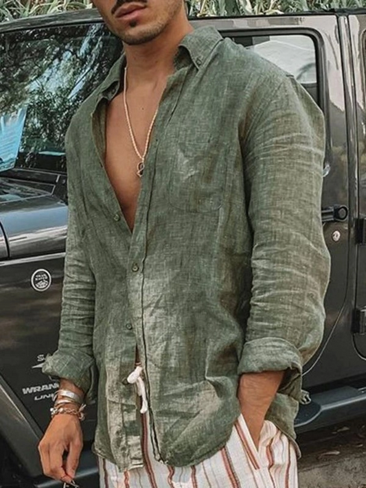 Men's casual fashion solid color thin long-sleeved shirt