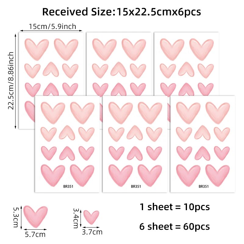 60Pcs Soft Pink Big Small Heart Shape Wall Stickers