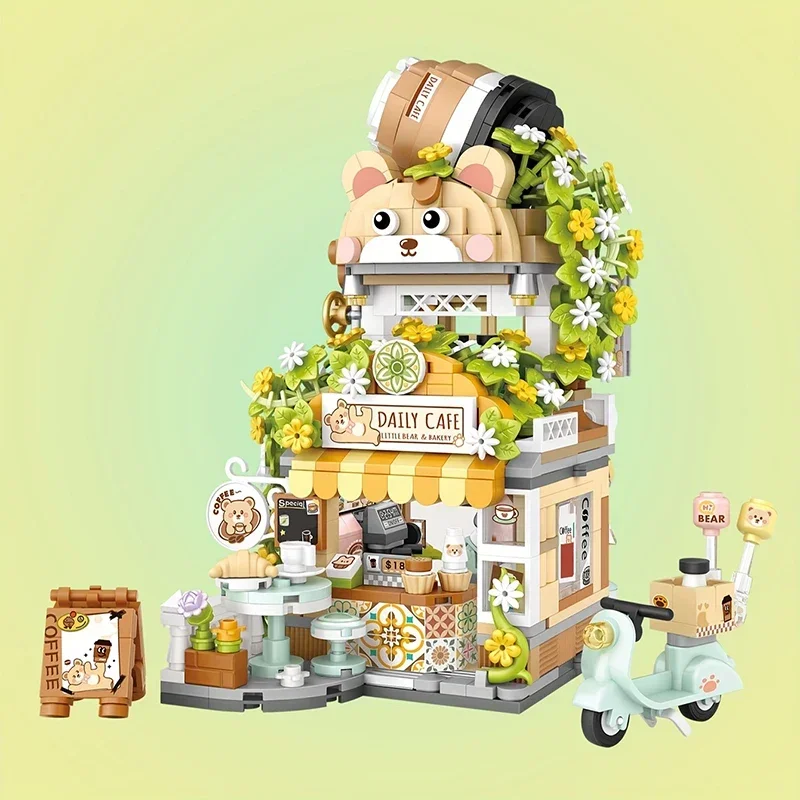 City Street View Building Blocks Cute Bear Folding Café Model