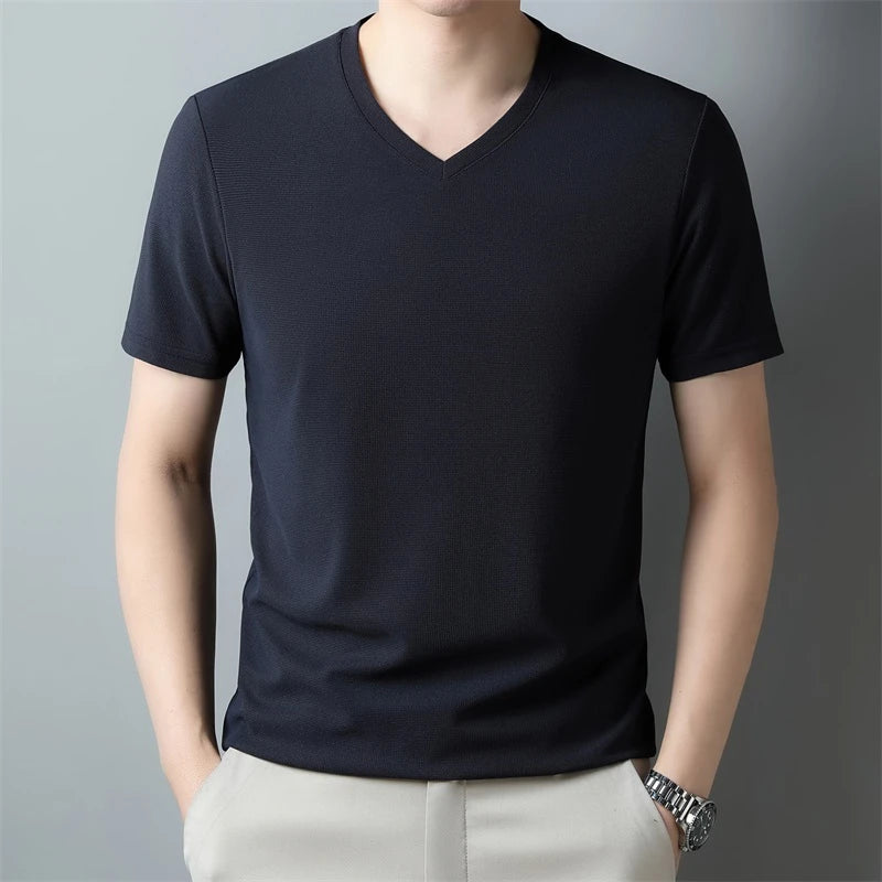 2024 Men's New Waffle V Neck Short Sleeved T-shirt Summer
