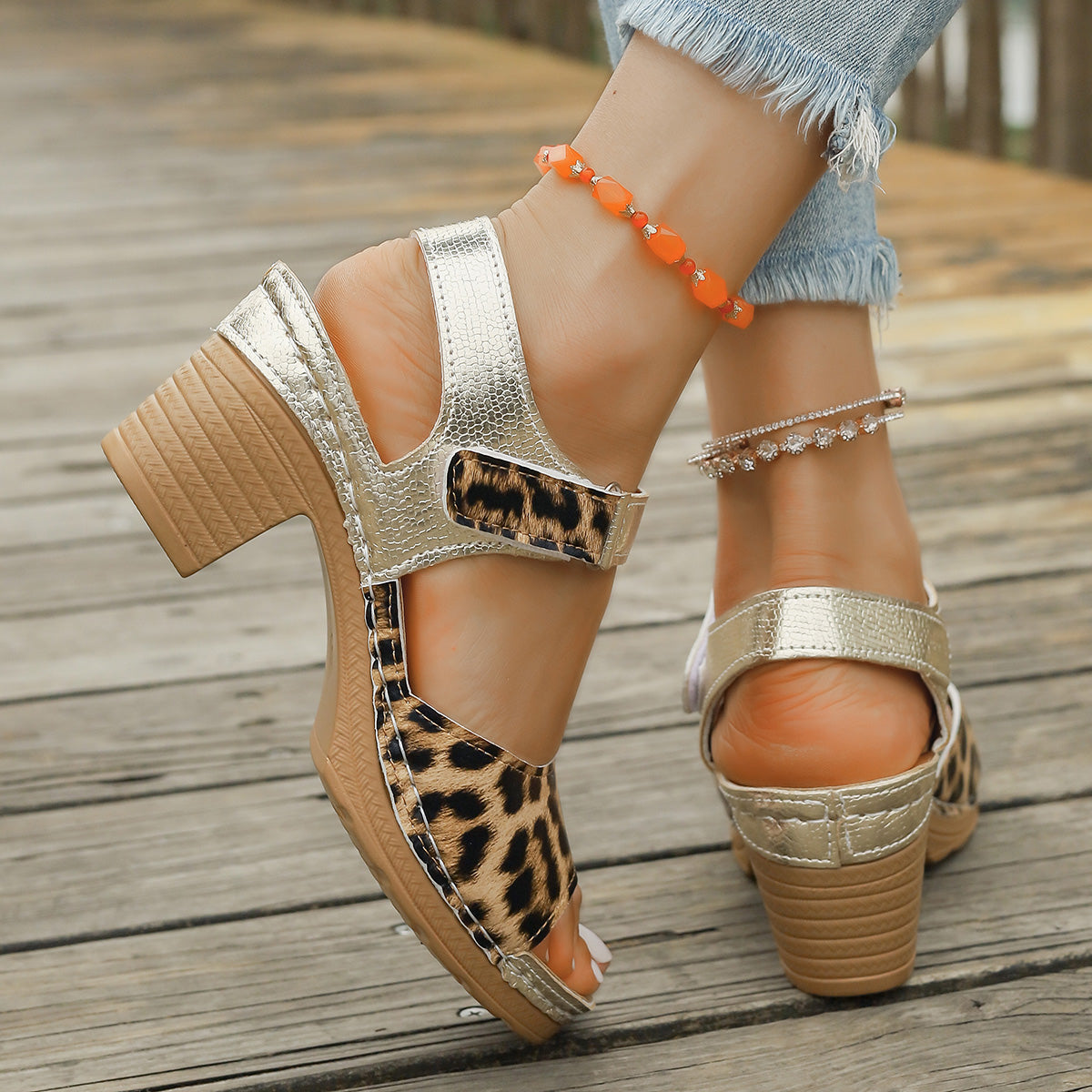 Retro Leopard Print Gold Sandals Women