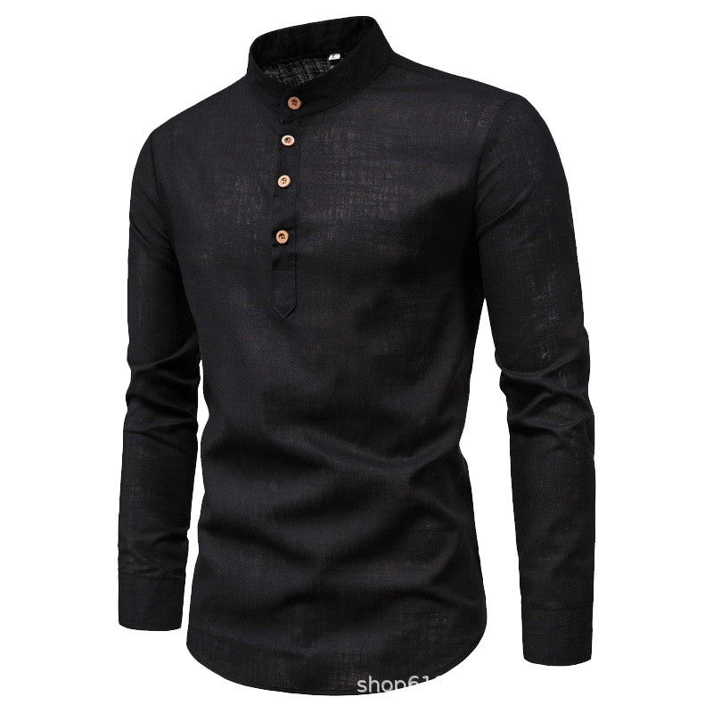 Men's solid color casual slim fitting standing collar long sleeved business shirt