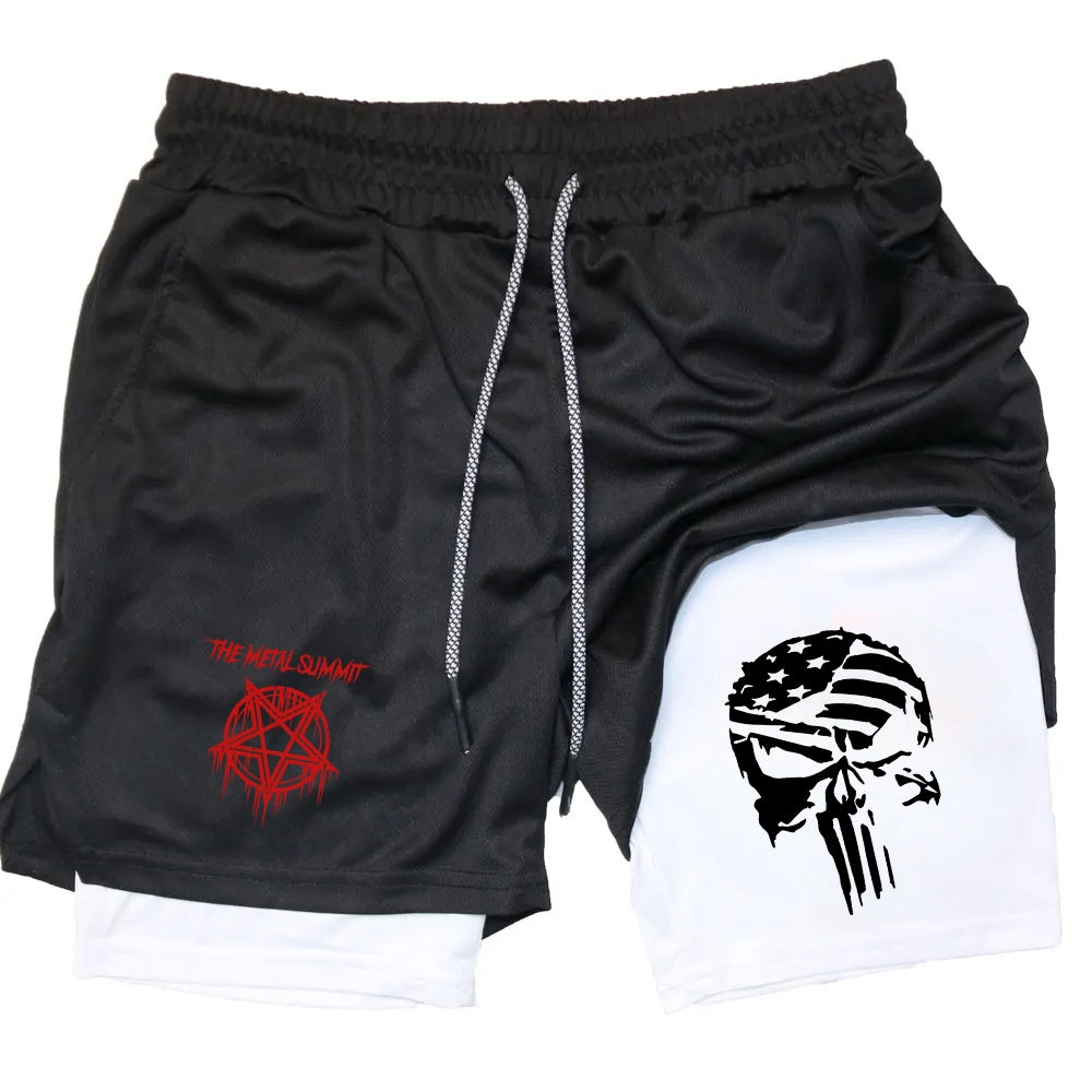 Men Anime Double Layer Shorts Gym Workout Printed Sports
